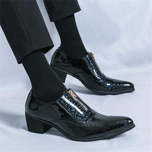 Men's Chunky Heels Patent Leather Dress Loafers with Front Zipper