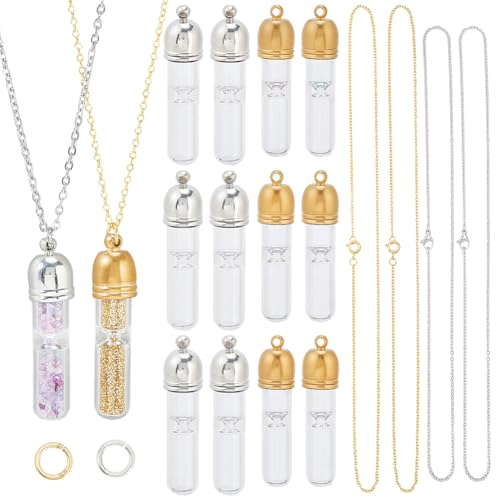 SUNNYCLUE 1 caja DIY, 6 juegos de Collares de Viales de Vidrio, Collar de Botella de Vidrio Transparente Estilo Reloj de Arena, Colgantes de Botella de Deseos Pequeños con Cadenas para Kits de Fabrica