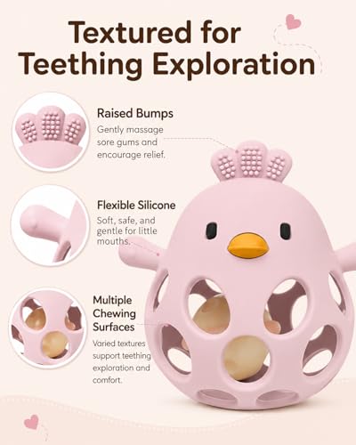 Image of Tinabless Baby Teether Rattle Toys, 2-in-1 Easy Grip Silicone Teething for Babies 3-12 Months, BPA-Free Sensory Chew Toy for Sore Gums, Infant Gift (Pink w /Rattle)
