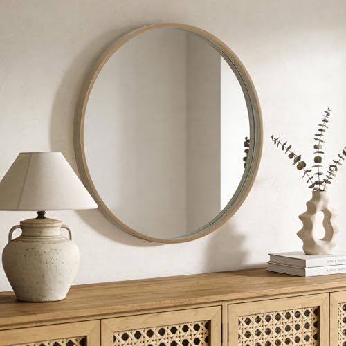 Image of WallBeyond Round Wood Mirror, 32 inch Round Modern Decoration Large Circle Wall Mirror for Bathroom Living Room Bedroom Entryway, Honey