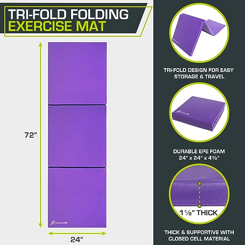 Prosourcefit PS-1948-TFM-PURPLE Tri-Fold Folding Thick Exercise Mat 6’X2’ With Carrying Handles For Mma, Gymnastics thumb #1