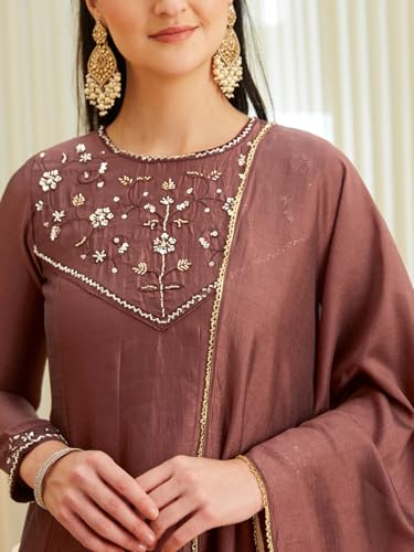 Image of MOKOSH Women's Silk Hand Work Anarkali Kurta Pant with Dupatta | Anarkali Kurta Pant | Embroidered | Round Neck Full Sleeve | 3 Piece Outfit | Ethnic Wear