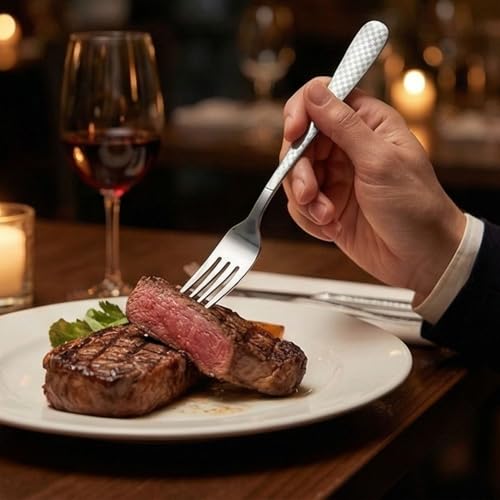 Image of Sterling Silver 4-Piece Cutlery Set - 2 Tablespoons & 2 Dinner Forks (8.1 inch) with Checks Printed Handles, Durable Stainless Steel Tableware, Ideal for Home, Restaurant, and Gifting