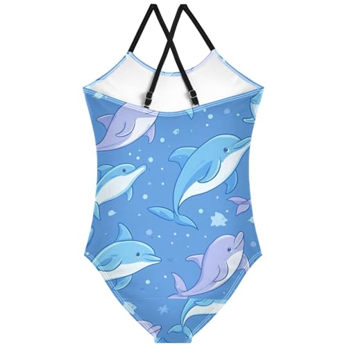 Pigsaly Girls One Piece Swimsuits Cartoon Dolphin Blue Purple Kids Cross Back Swimwear Toddler Beach Sport Bathing Suit 3T2