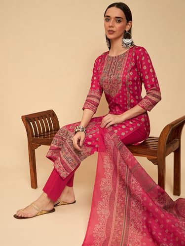Image of SheWill Kurta Sets for Women - Red Rayon Aari Hand Work with Digital Floral Print Kurta with Pant and Chanderi Dupatta |Stylish Printed Summer Kurti Set