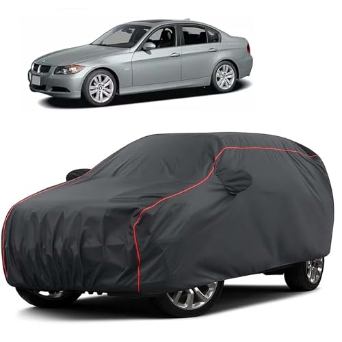 Image of Sulfar 100% Water Resistant Car Body Cover Compatible with Mirror for BMW 325i (Triple Stitched, Full Bottom Elastic, Dark Grey Taffeta with Red Piping)