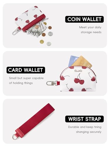 Image of CLUCI Keychain Wallet for Women PU Leather Coin Purse Detachable Dual Pouch Wristlet Wallet Zipper Pocket Cherry Print