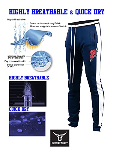 Screenshotbrand-P11853 Mens Hip Hop Premium Slim Fit Track Pants - Athletic Jogger Rose Embroidery Bottom With Taping-Navy-Large #TOP1