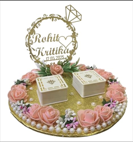 Image of Engagement Ring Platter, Ring Platter for Ring Ceremony,10x10x8 inch, 2 Ring Boxes, Peach Theme, Artificial Flowers - Customised