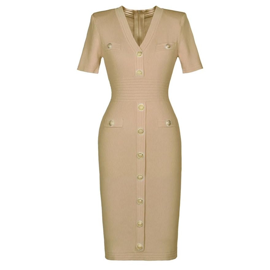 Women Knit Elastic Short Sleeve Solid Gold Buttons Slim Commuter Dress V-Neck Pencil Dresses2