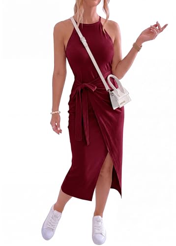 Image of NOLLSOM Women Casual Sleeveless Striped Tank Midi Dresses Halter Neck Ruched Bodycon Dresses Tie Waist T Shirt Summer Dress