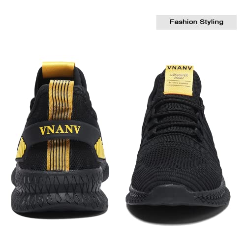 VNANV Mens Slip On Walking Shoes Lightweight Breathable Non Slip Running Comfortable Gym Tennis Athletic Fashion Sneakers Men (Black Yellow,9)