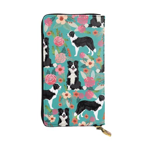 Portefeuille Border Collie en cuir élégant grand format zippé pour femme et homme