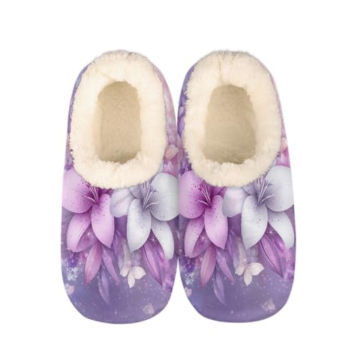 Purple Lily Flowers Floral Slippers for Women Slipper Socks Soft Fuzzy House Slippers Shoes for Indoor Bedroom, Winter Cozy Christmas Gifts