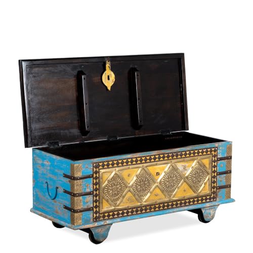 Image of Funi Wooden Trunk Box for Storage | Solid Wood Coffee Table for Living Room | Handcrafted Center Tea Table with Sandook Storage for Living Room | Pitara for Home and Bedroom (Blue Distress)