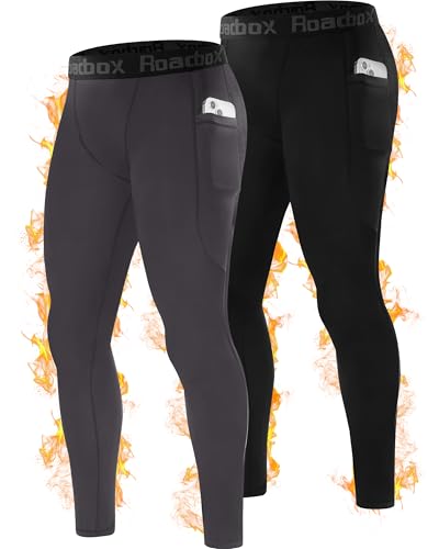 Image of Roadbox Thermal Compression Pants Men, Sports Workout Fleece Lined Leggings, Football Running Base Layer Tights with Pocket