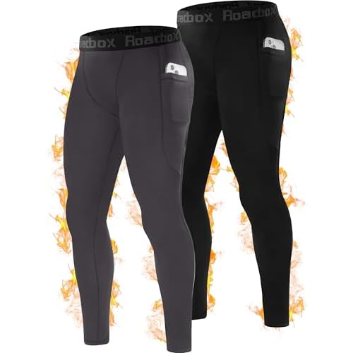Roadbox Thermal Compression Pants Men, Sports Workout Fleece Lined Leggings, Football Running Base Layer Tights with Pocket, 2 Pack: Black+gray, S