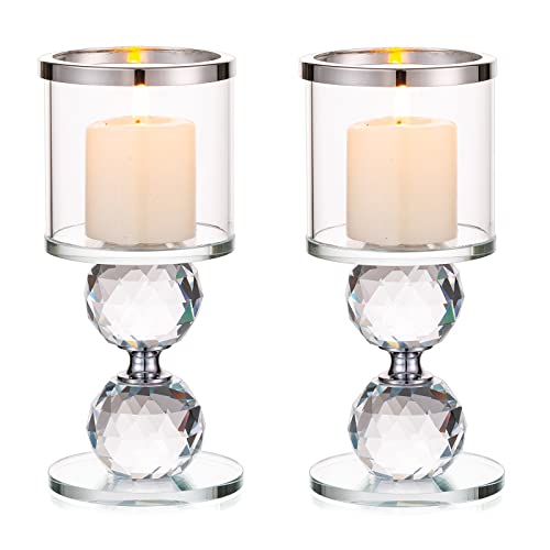 Sziqiqi Portavelas de Columna de Cristal, 2 Piezas de Candelabros de Vidrio Transparente, Velas para Candelabros Centro de Mesa para Regalos de Boda y Decoración Navideña, Plata