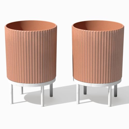 Image of Veradek Demi Series Raised Planter - Round Planter with Stand | Made From a Durable Plastic-Stone Composite & Comes With Wooden Stand. Modern Porch /Patio Decor