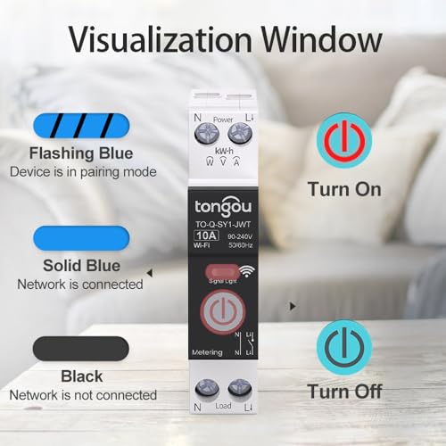Image of TONGOU DIY 1P+N Smart Wi-Fi Switch, Work with Alexa and Google Assistant for Voice Control, 10A with Energy Monitor, Smart Life /Tuya APP Remote Control, Timer Functions, DIN Rail Mounted- HIVAGI