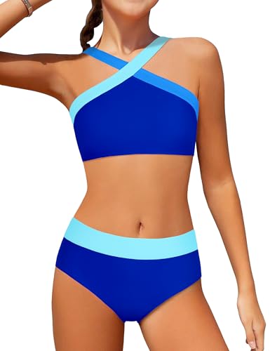 Image of Girls Swimsuits 2 Piece Bikinis Set Colorblock Bathing Suits Criss Cross Strap Girls' Swimwear