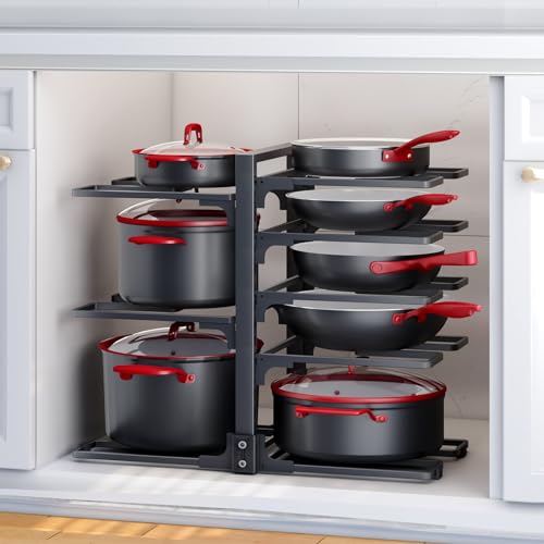 SAYZH Pots and Pans Organizer, Adjustable and Snap-on Saucepan Rack for Cupboard, Pan Organizer for Kitchen Organization & Storage, Rustproof Pot Organizer, Upgraded Design (Black 8 Tier)