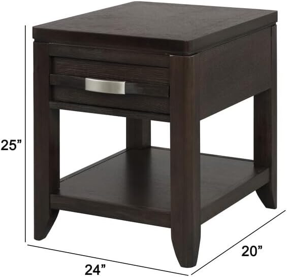HomeStock Rustic Ranch End Table 24 x 20 x 25 Inch Espresso Brown Wooden Table with Drawer Shelf and Chamfered Legs for Modern Living Room Storage Decor