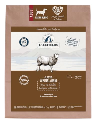 Lakefields Classic Hundefutter trocken | Lamm 60% | 1kg | Getreidefreies Trockenfutter für kleine Hunde | Extra kleine Kroketten | Lebensmittelqualität | Karotte, Äpfel & Spinat | Schonend gebacken