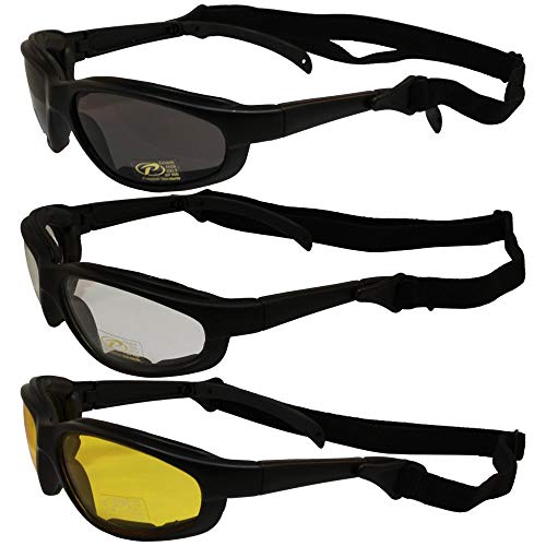 Pacific Coast Feather 3 Pairs of Freedom Padded Motorcycle Sunglasses Smoke, Clear, Yellow Lens