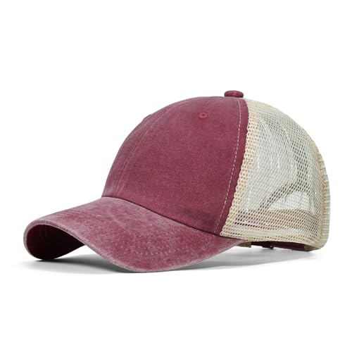 Image of Croogo Men's Adjustable Mesh Back Cap Curved Bill Snapback Mesh Baseball Cap Retro Washed Trucker Cap Breathable Sun Hat