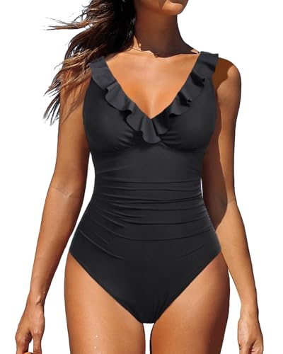 Holipick Women One Piece Swimsuits Tummy Control Bathing Suit Ruffle V Neck Swimwear Slimming Monokini