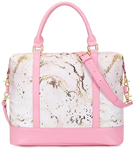 Women Ladies Weekender Carry-on Tote Bag Overnight Duffel in Trolley Handle (B-Pink Marble)