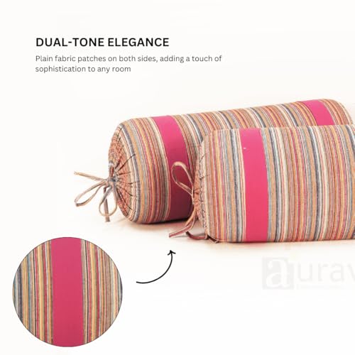 Image of AURAVE Woven Cotton 144 TC Printed Bolster Cover with Drawstring Closure, Set of 2, Soft Breathable Durable Machine Washable for Sofa Bed & Home Decor, 15 inchx30 inch, Magenta | Cover Only