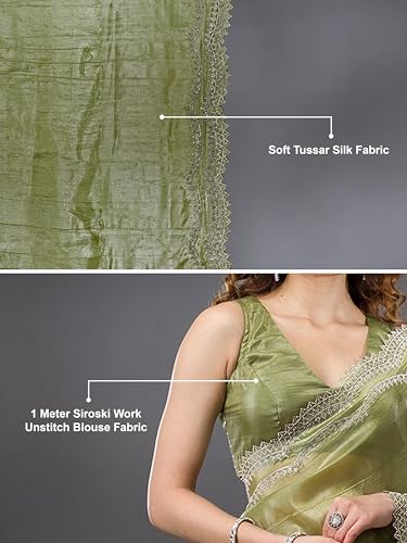 Image of TRENDMALLS Women's Tussar Silk Siroski With Zarkan Work Saree with Unstitch Blouse Piece