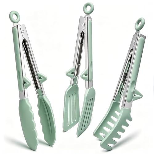 Kitchen Tongs For Cooking, 9 Inch Small Silicone Tongs, Food Grade Mini Serving Tongs With Silicone Tips, Set Of 3, Green