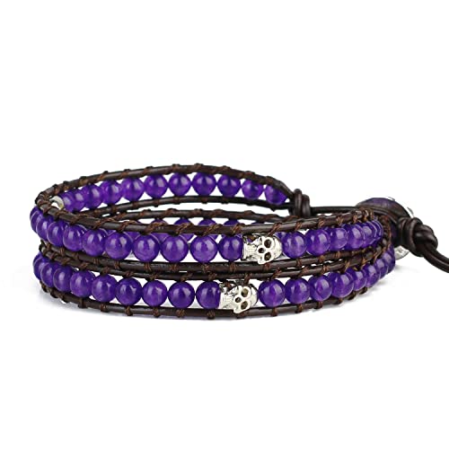 Kelitch Skull Purple Jasper Beads Bracelet For Women Braided Black Leather Bracelets Punk Cuff Bracelets #TOP17