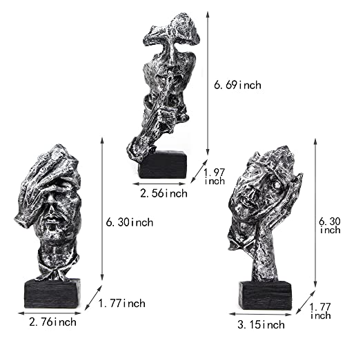 Fumisee 3 Pcs Thinker Statue, Silence Is Gold Abstract Art Figurine, No Hear No See No Speak Modern Home Resin Sculptures Decorative Objects Desktop Decor(Silver) #TOP1