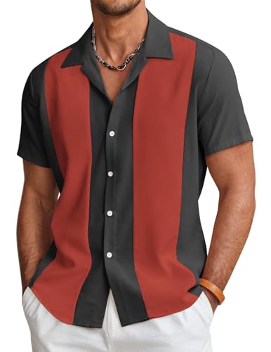 COOFANDY Mens Summer Shirts Vintage Short Sleeve Button Up Shirts Hawaiian Bowling Shirts Black Red