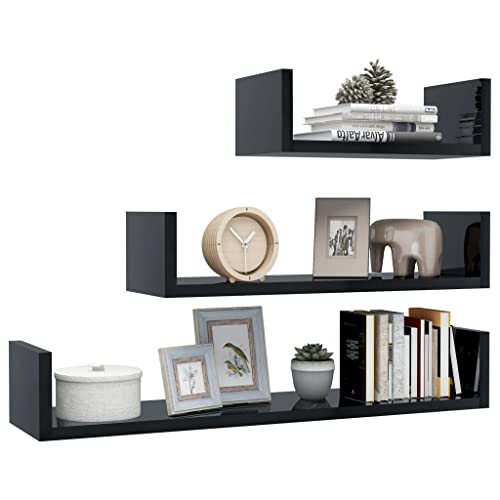 Wood Floating Shelves Wall Shelves, Set Of 3, Wall Mounted Shelves Hanging Shelf Units, Display Shelves Wall Storage Ledge Home Decoration, For Bedroom/Living Room/Office/Dorm, High Gloss Black #TOP2