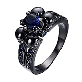 Bamos Mother‘s Day Jewelry Womens Blue Stone Six Claws Four skull Black Gold Plated Wedding Rings Size 7