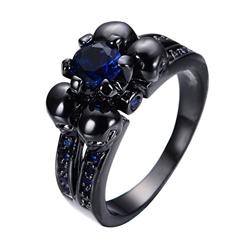 Bamos Mother‘s Day Jewelry Womens Blue Stone Six Claws Four skull Black Gold Plated Wedding Rings Size 7