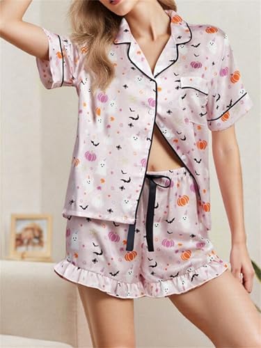 Women Cute Halloween Pumpkin Pajama Set 2 Piece Y2k Silky Satin Button Down Short Sleeve Shirt Shorts Sets Loungewear4