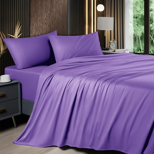 Image of Shilucheng 4 Piece Queen Sheet Sets, Cooling Sheets, Blend Rayon Derived from Bamboo, Deep Pocket Up to 16 inch, Breathable & Soft Bed Sheets, Hotel Silky Bedding Set, Purple