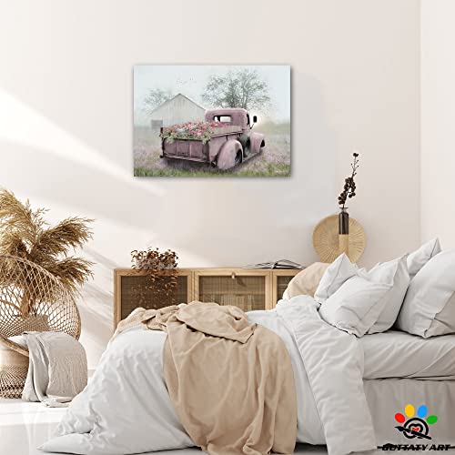Rustic Old Truck Wall Art Farmhouse Barn Canvas Prints, Modern Truck And Flowers Wall Painting For Farmhouse Kitchen Decor, Country Farm Pictures Car Artwork Framed For Living Room Bedroom (28"X40") #TOP1