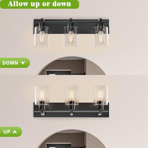 Image of Bathroom Vanity Light,3 Light Matte Black Light Fixture with Thickened Clear Glass Shade, 21 inch Dimmable Modern Wall Sconce, Bathrooms Vanity Light Over Mirror for Bathroom