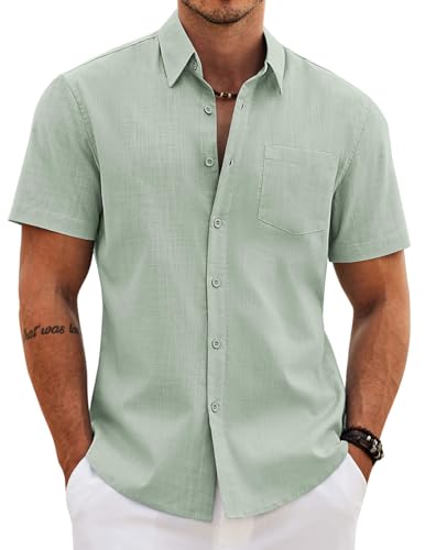 Image of COOFANDY Men's Button Down Short Sleeve Shirt Casual Cotton Summer Beach Wedding Linen Shirts with Pocket