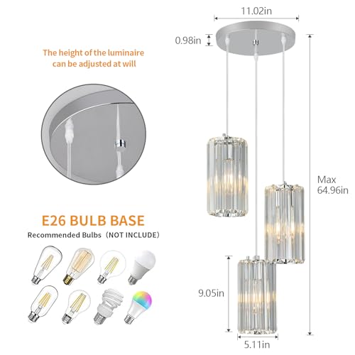 Image of Chrome Pendant Lighting Modern Pendant Light, Mini Crystal Chandeliers,Adjustable Pendant Light Fixture for Kitchen Island Dinning Room Corridor Bedroom(Chrome 3-Light)