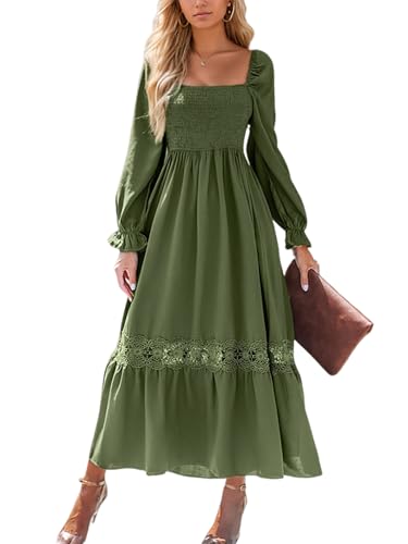 CUPSHE Womens Fall Dresses 2025 Square Neck Smocked Long Sleeve Ruffled Lace Long Formal A Line Maxi Wedding Guest Dress