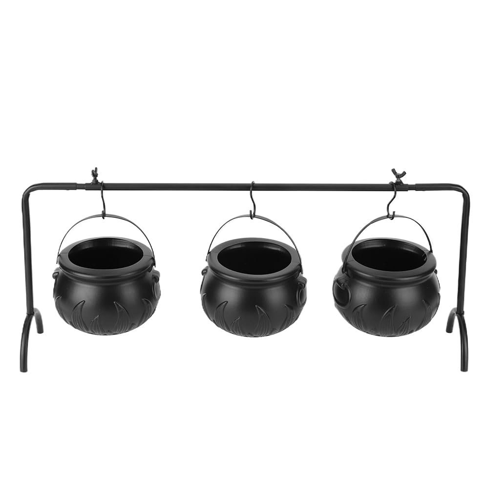 HTU Set of 3 Witches Cauldron Serving Bowls on Rack Halloween Decor Black Plastic Candy Bucket Cauldron Home Kitchen Decor