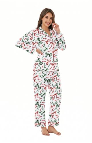 Image of LUBOT Christmas Pajamas for Women 100% Cotton Pajama 2 Piece PJ Set Soft Long Sleeve Button Xmas Print Loungewear XS-XXL